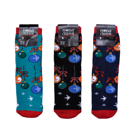 Новогодние носки зимние махровые с рисунком "Елочные украшения" ассорти цветов в упаковке.