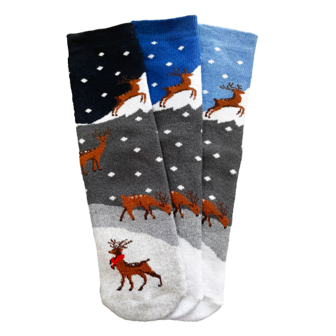Новогодние носки зимние махровые с рисунком "Олени на холме" ассорти цветов в упаковке.
