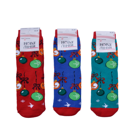 Новогодние носки зимние махровые с рисунком "Елочные украшения" ассорти цветов в упаковке.